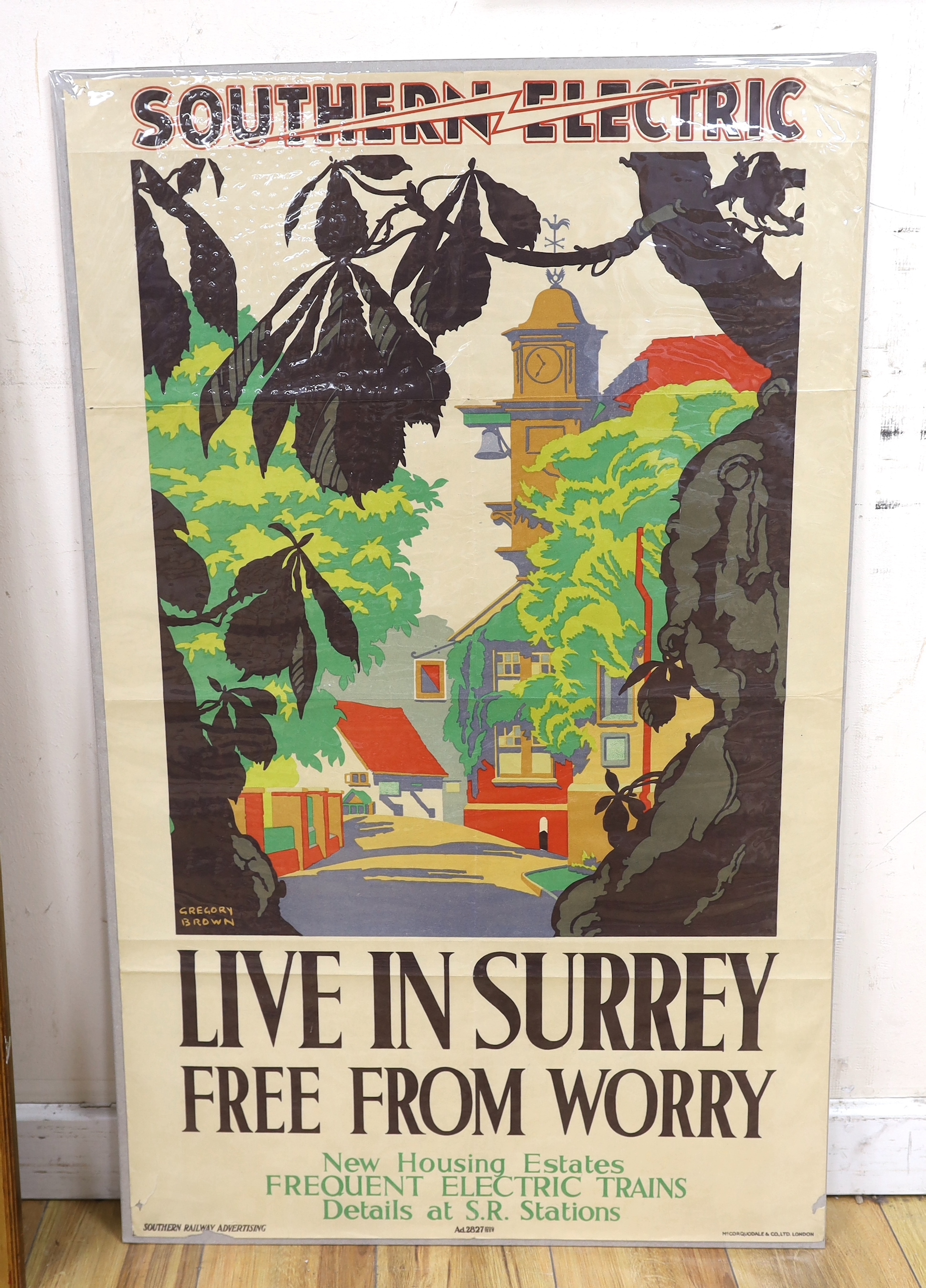 Gregory Brown (1887-1941), lithographic poster for Southern Railways, 'Live in Surrey, Free from Worry', 1934, 101.5 x 63cm